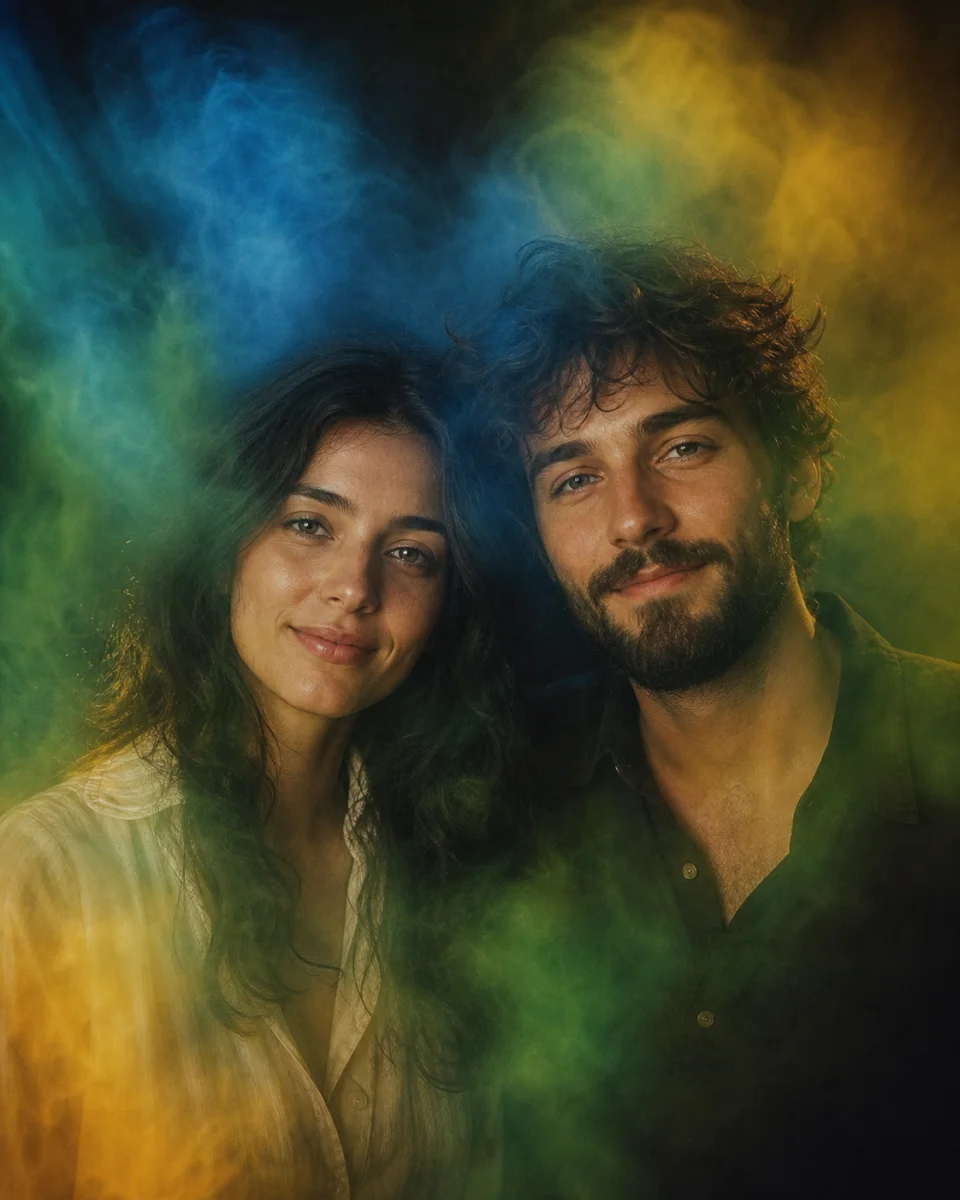 Couple Aura Photo app example in blue, gold, and emerald