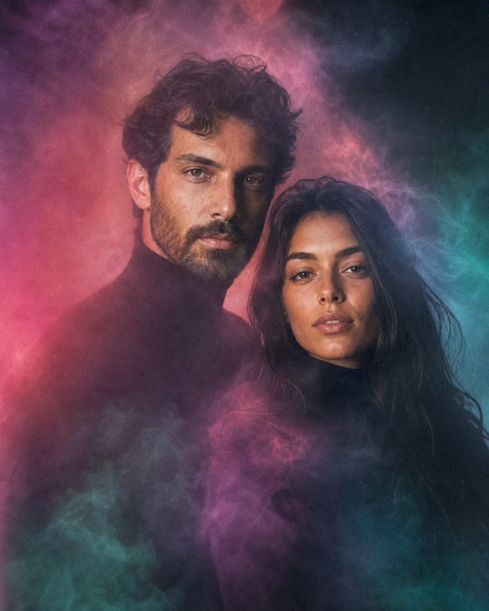 Couple Aura Photo example: Shared tenderness, open horizon, with Rose, Violet, Sea Glass
